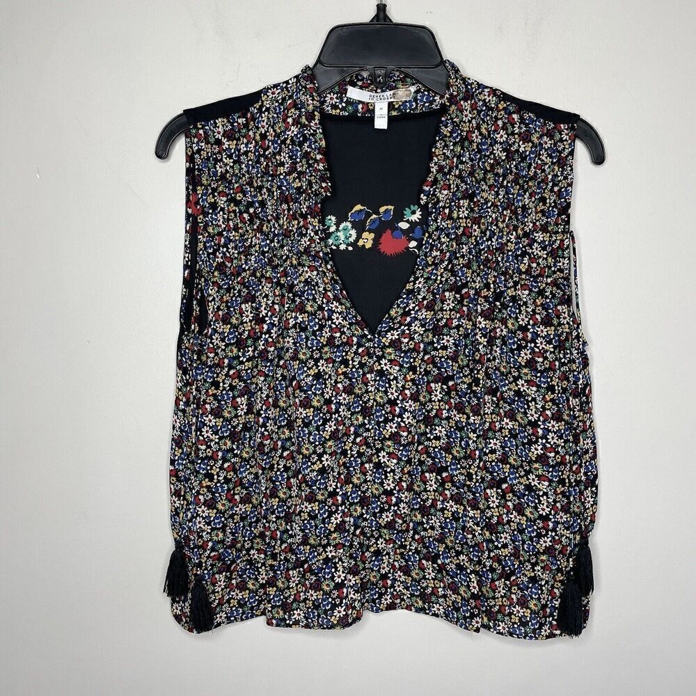 DEREK LAM 10 Crosby Top Womens 10 Sleeveless 100% Silk Floral Blouse Tassels